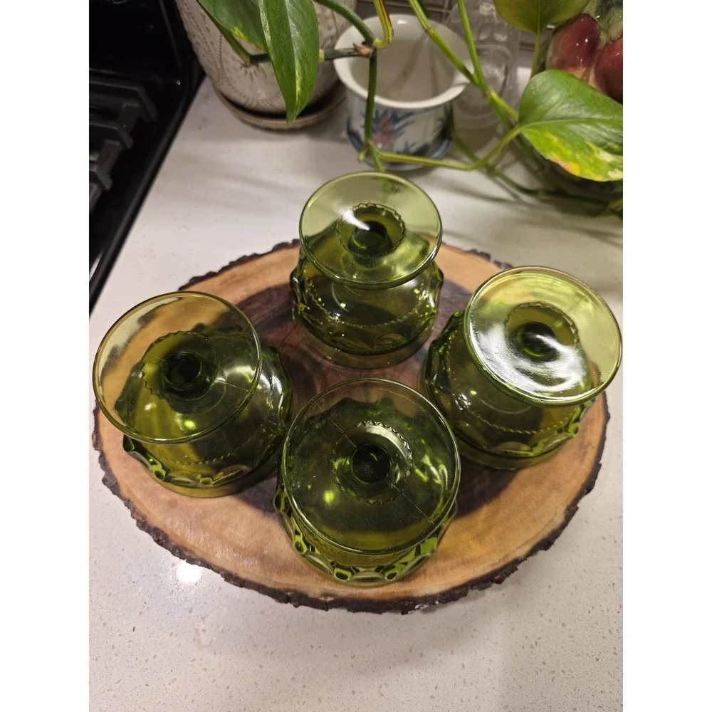 VTG Avocado Green Indiana Glass‎ Kings Crown Thumbprint Dessert Goblet Set Of 4